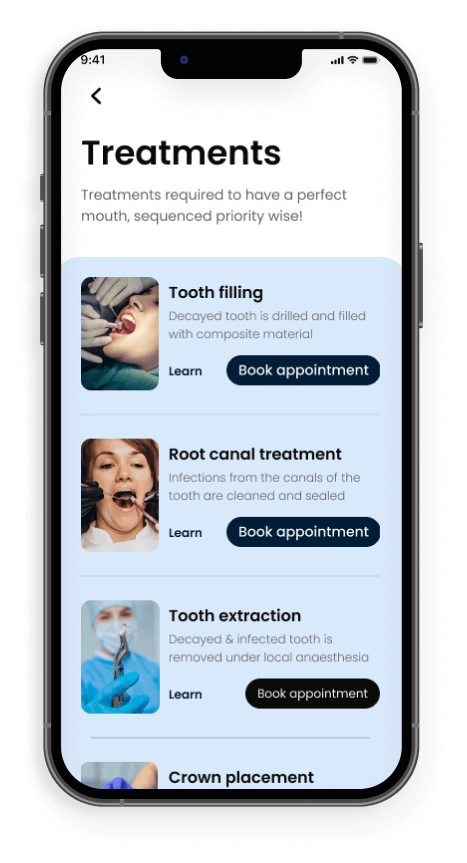 treatments screen - dentaldost app mockup